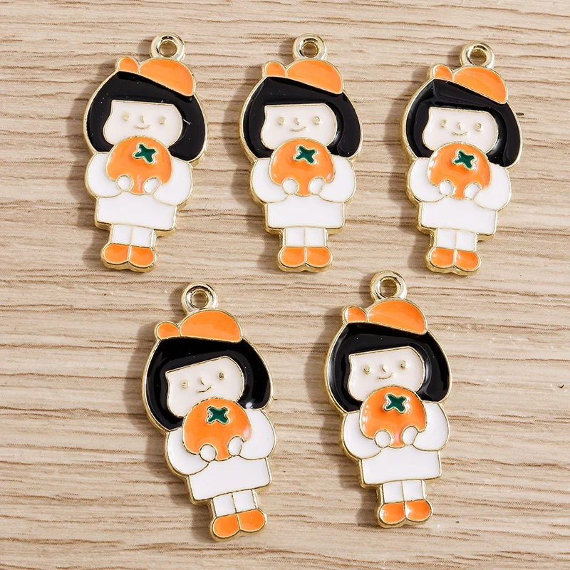 10pcs 14x27mm Cute Enamel Girl Eat Orange Charms Pendants for Jewelry Making Earrings Necklace Bracelets DIY Crafts Supplies