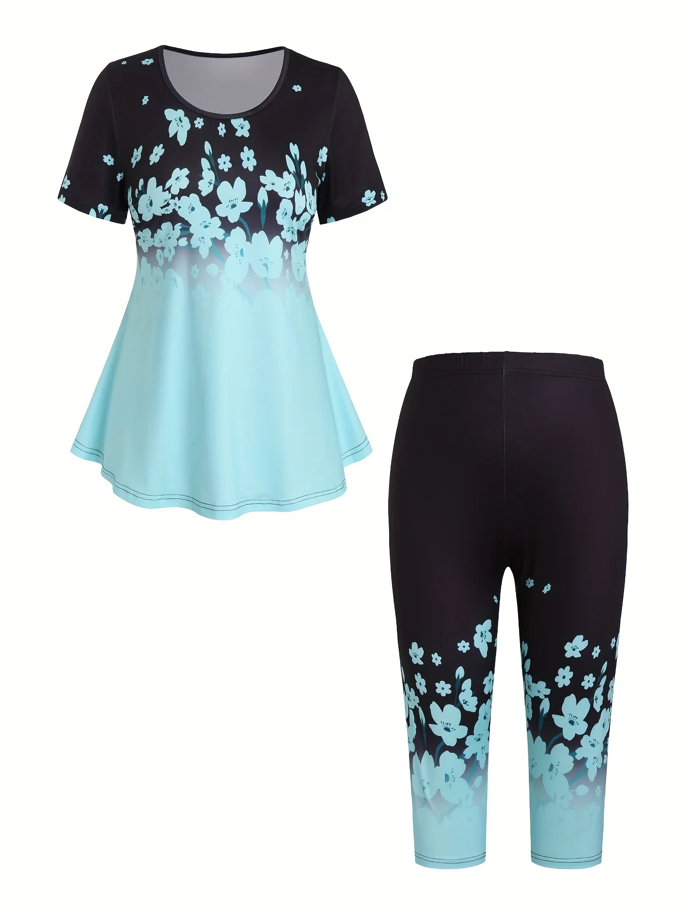 Ein neues zweiteiliges Set aus lässigem Pullover-T-Shirt mit Blumendruck und Caprihose für Damen in Plattengröße im Sommer