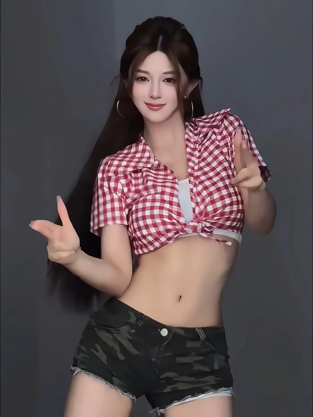 

Sexy Short Sleeve Plaid Shirt And Camouflage Shorts Two Piece Set for Young Women Trendy Retro Style with Belt Pure Desirable...