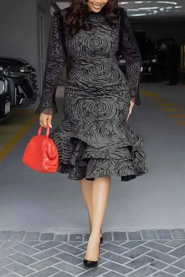 3XL Spring Casual Women's Mesh Splicing Ruffle Party Dress Elegant Office Dress Women's Printed Dress Fashionable Round Neck P4S