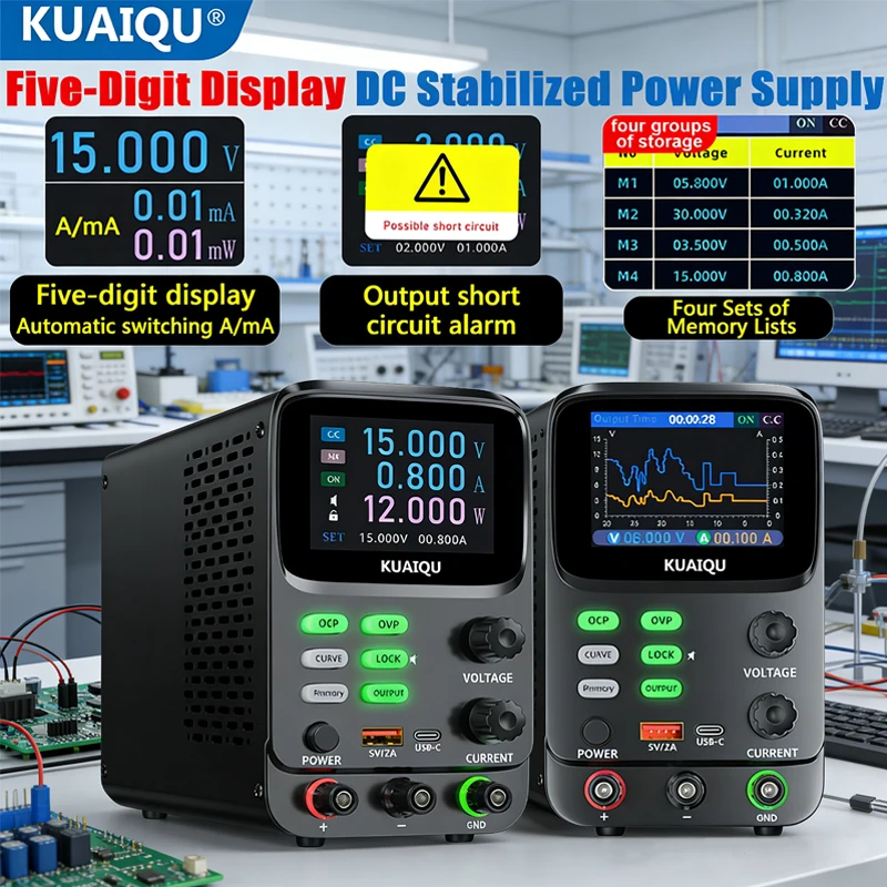 Alimentatore DC Professionale KUAIQU ad Alta Precisione 10μA con Display Curva Tensione/Corrente 30V10A 60V5A, Sensore OCP/OVP, Componenti per Test di Strumenti, Linea di Produzione, Ricerca e