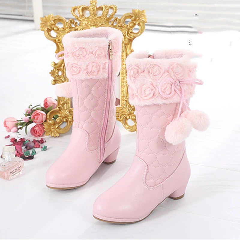 Girls High Boots 2023 Winter Toddler Kids Princess Fashion Brand Knee Long Boots Children Flower Pompom Low Heel Pink Shoes