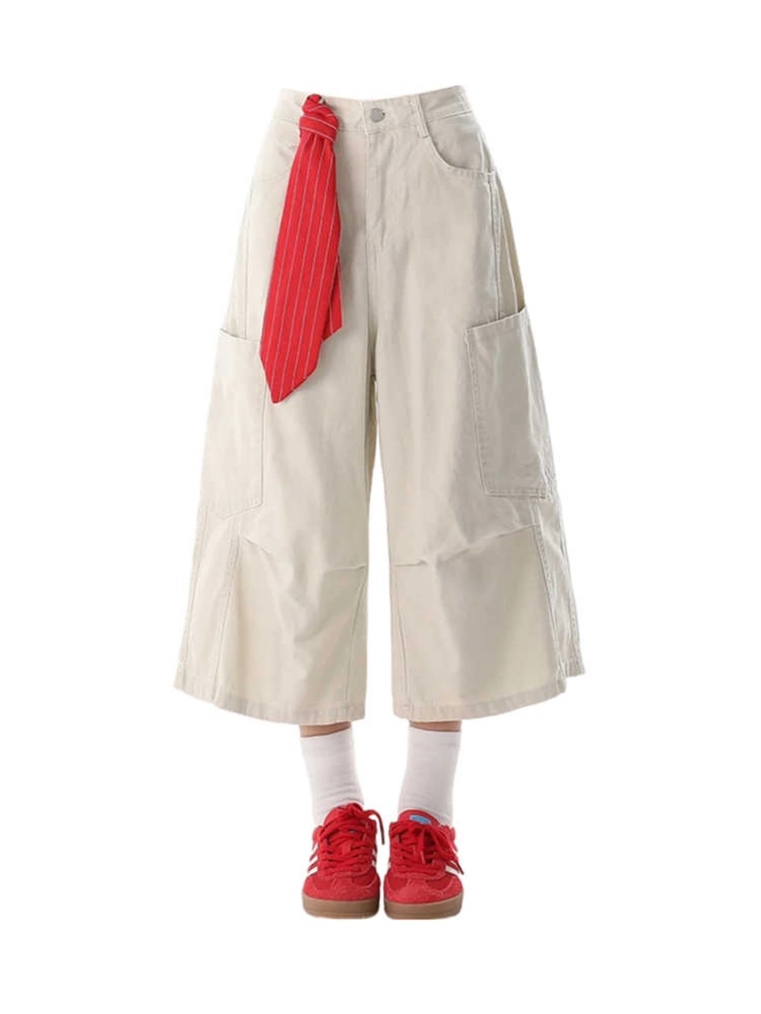 

Женские мешковатые брюки-парашюты белого цвета, большие брюки-карго длиной до икры, Harajuku, японский стиль 2000-х годов, Y2k, винтажная брючная одежда