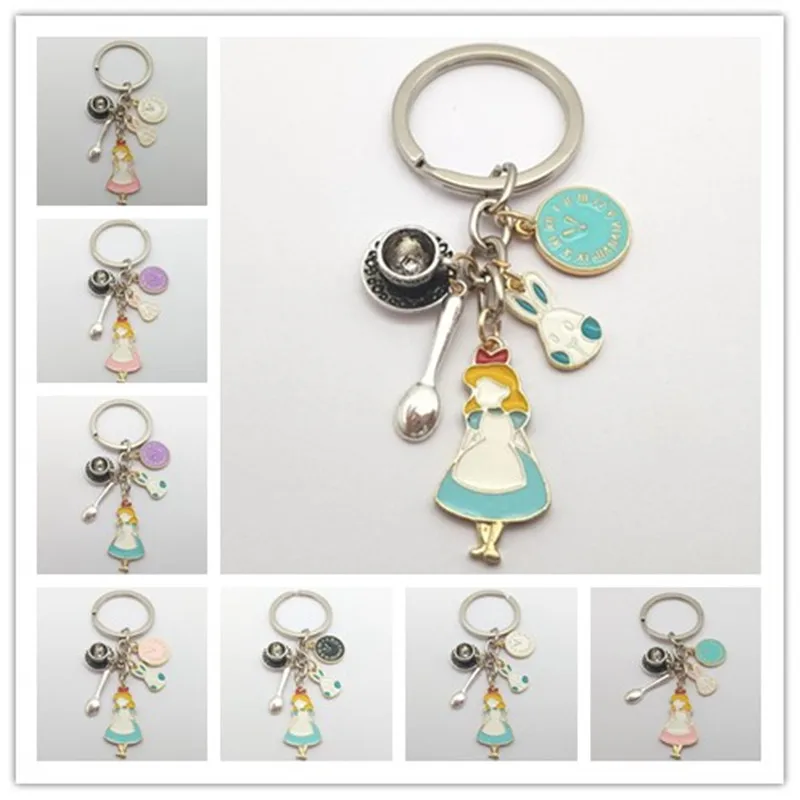 1 piece of high-quality fashion jewelry Alice in Wonderland keychain, coffee cup watch rabbit spoon keychain, clock keychain