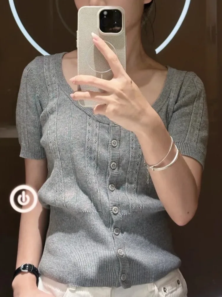 Gray Hollow Out Knitted T-shirts Women New Simple Basic Slim Cotton Short Sleeve Cardigan Tees Vintage Chic Button T-shirts Y2K