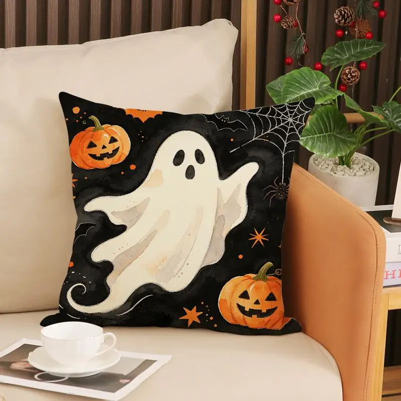 3 Stück Halloween-Geister-Print Sofakissenbezüge, Dekorative Kissenhüllen für Innenräume, Atmosphärische Kopfteil-Kissenbezüge – Detail 8