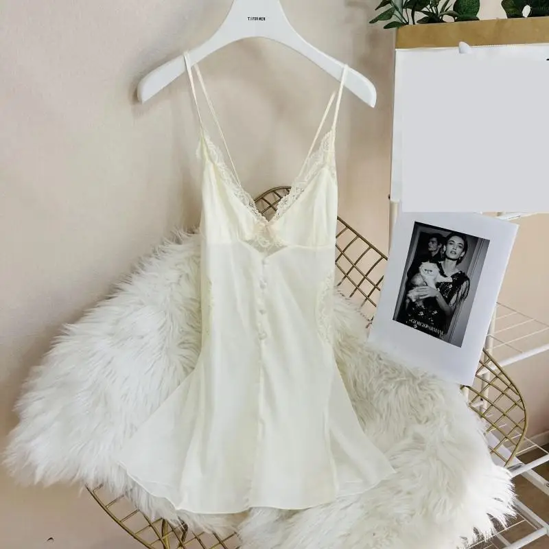 Summer Female Spaghetti Strap Nightgown Dress Sleepwear Lady Sexy Lace Nightgown Lingerie Satin Home Wear Dressing Gown