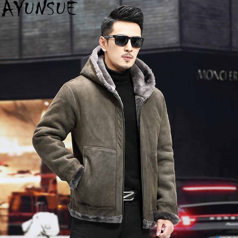 AYUNSUE Original Sheepskin Wool Fur Coat Man Real Leather Jacket Hooded Winter Reversible Style Fashion Short Fur Coats High-end