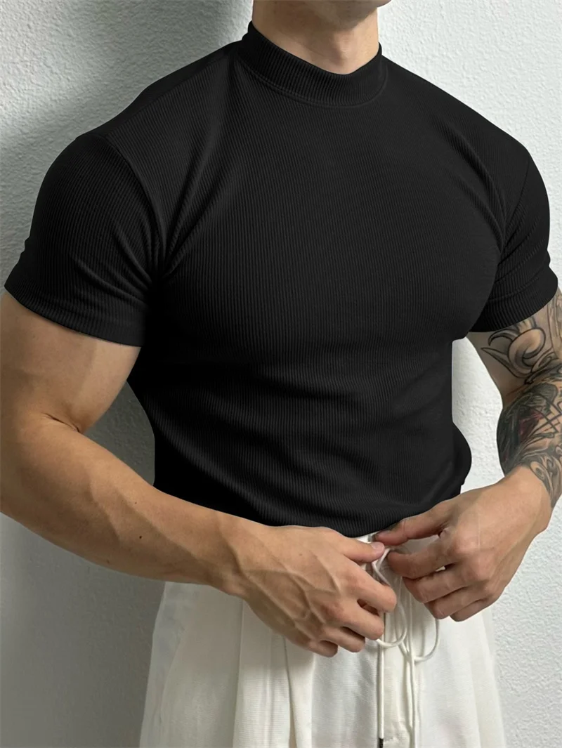 2026 New fashion Men's T-shirt Small high collar stripe shirt short sleeve fitness top leisure sport T-shirt Men sportswear
