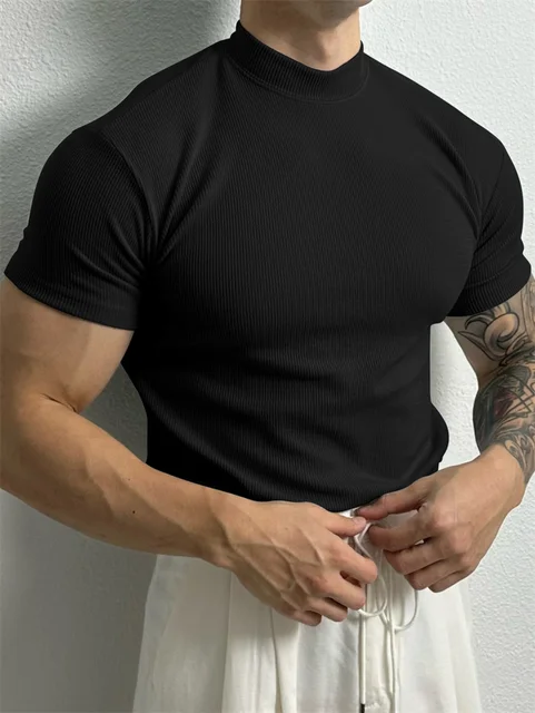 Nouveau T-shirt homme tendance 2026 – Haut de sport à col montant rayé, manches courtes, idéal pour le fitness et les loisirs – Vêtement de sport pour homme 1