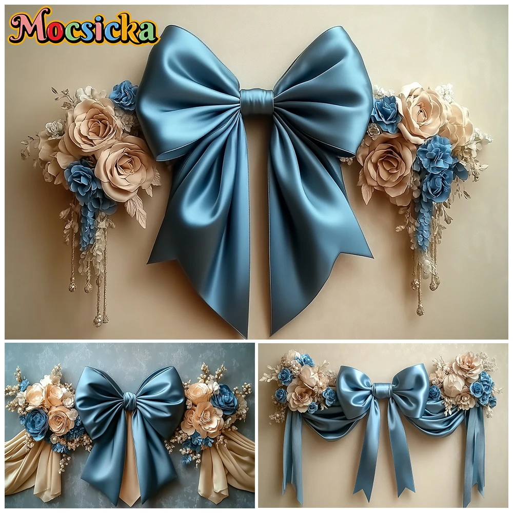

Mocsicka Blue Bow Photography Backdrop Beige Wall Art Flowers Decoratons Kid Portrait Photo Background Studio Shooting Wallpaper