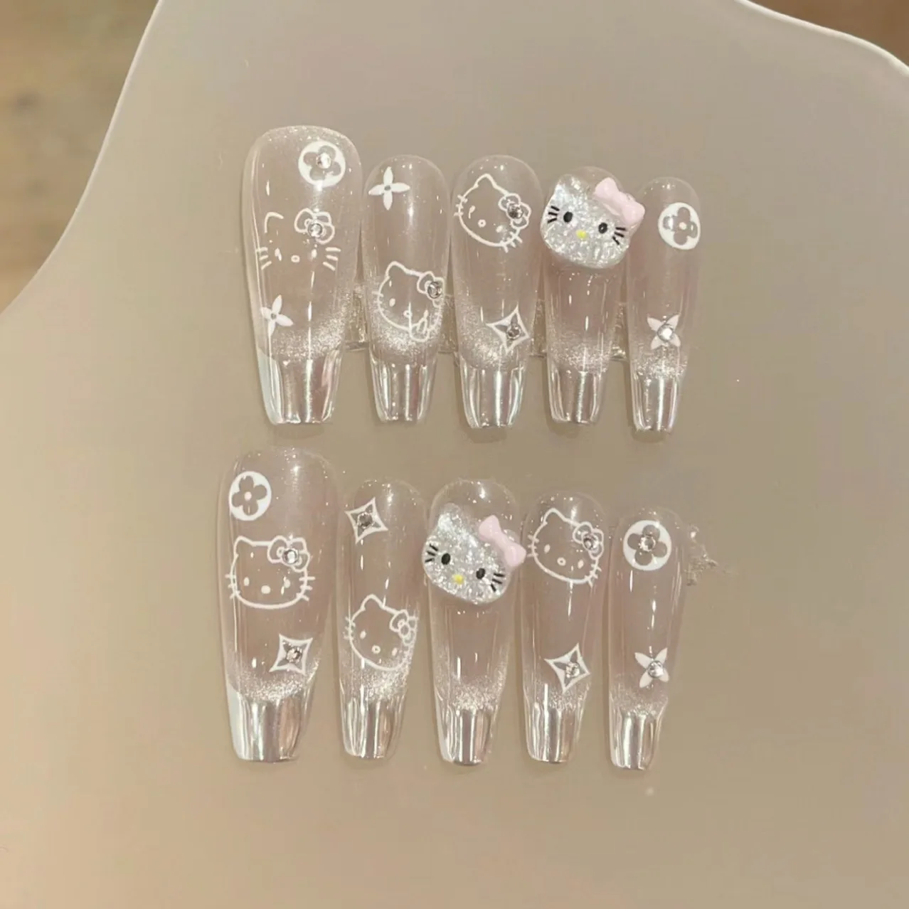 

10PCS Hello Kitty Sparkling French Magic Mirror Cat Eye French Glass Cat Eyes White Little Bear Almond Fake Nails Removable