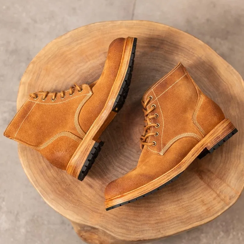 American Round Toe Work Boots Washed Cowhide Retro Motorcycle Western Boots Men's Genuine Leather High Top Desert Boots Male