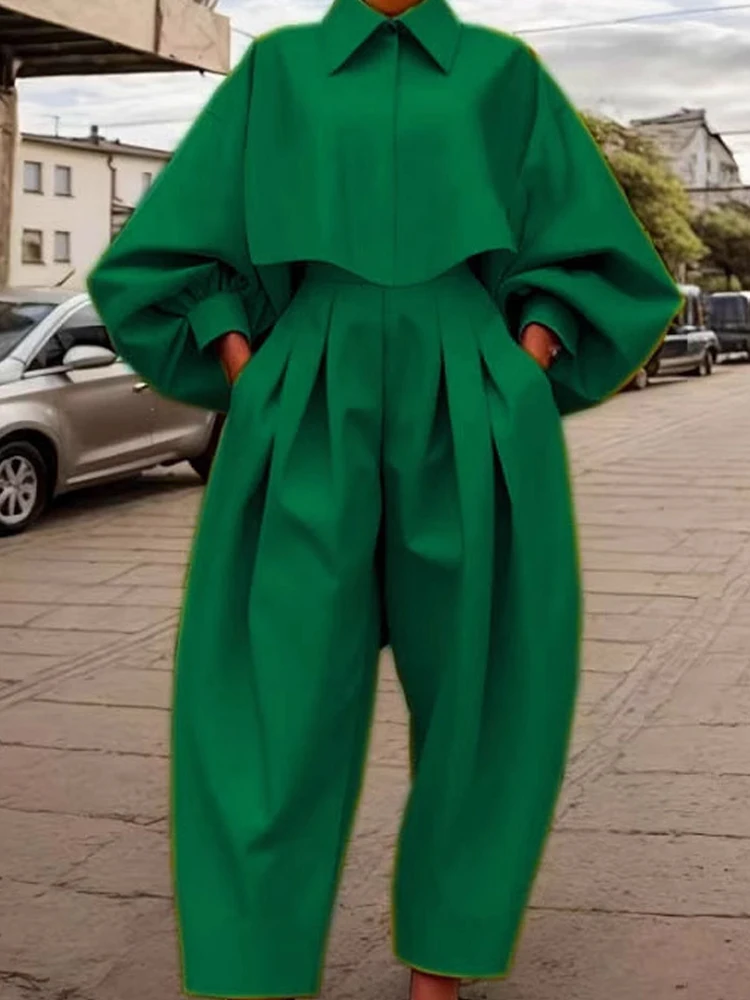 ファッションラペルカラーシャツ＆ロングパンツセット レディースカジュアルポケット長袖ルーズアウトフィット エレガントボタンドレープソリッド2ピーススーツ