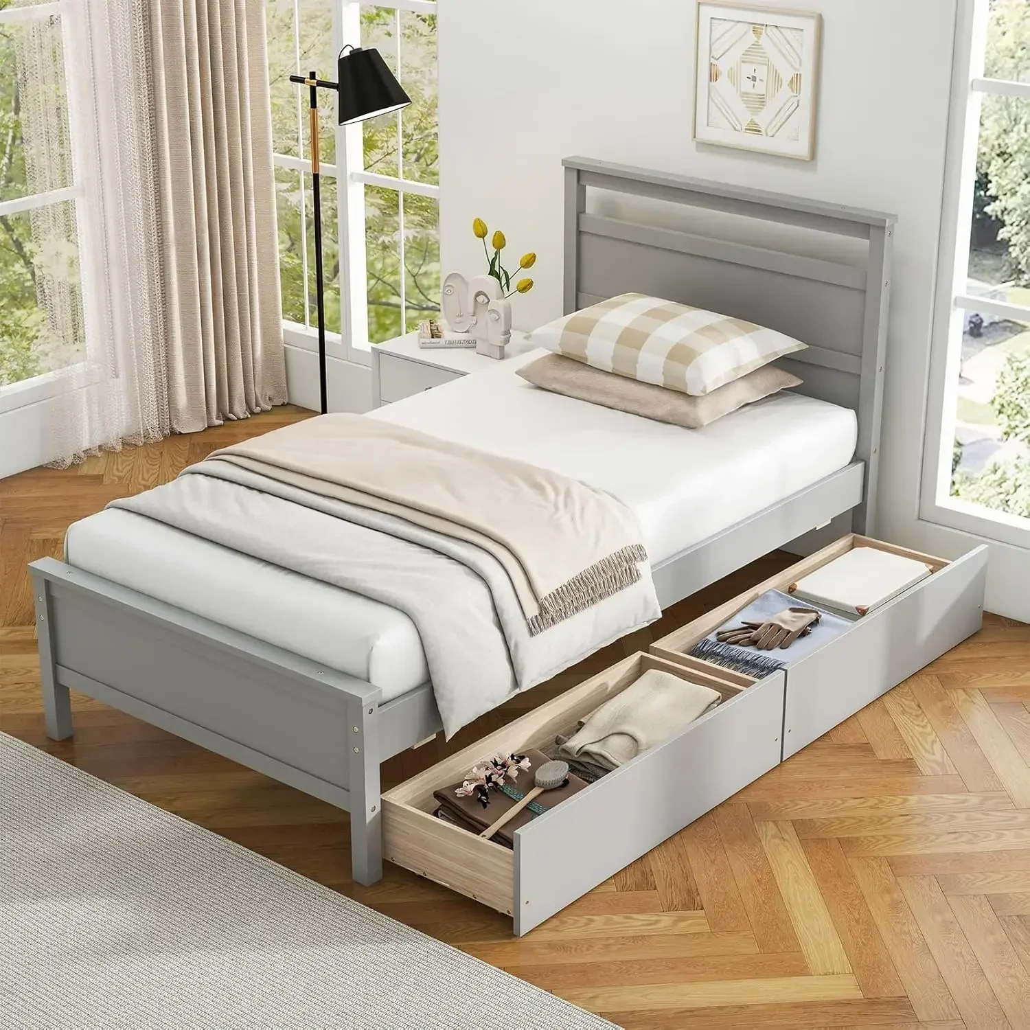 Twin Size Wood Platform Bed Frame with 2 Storage Drawers, Wood Bed Frame with Headboard & Footboard, Wooden Slat Support, No Box