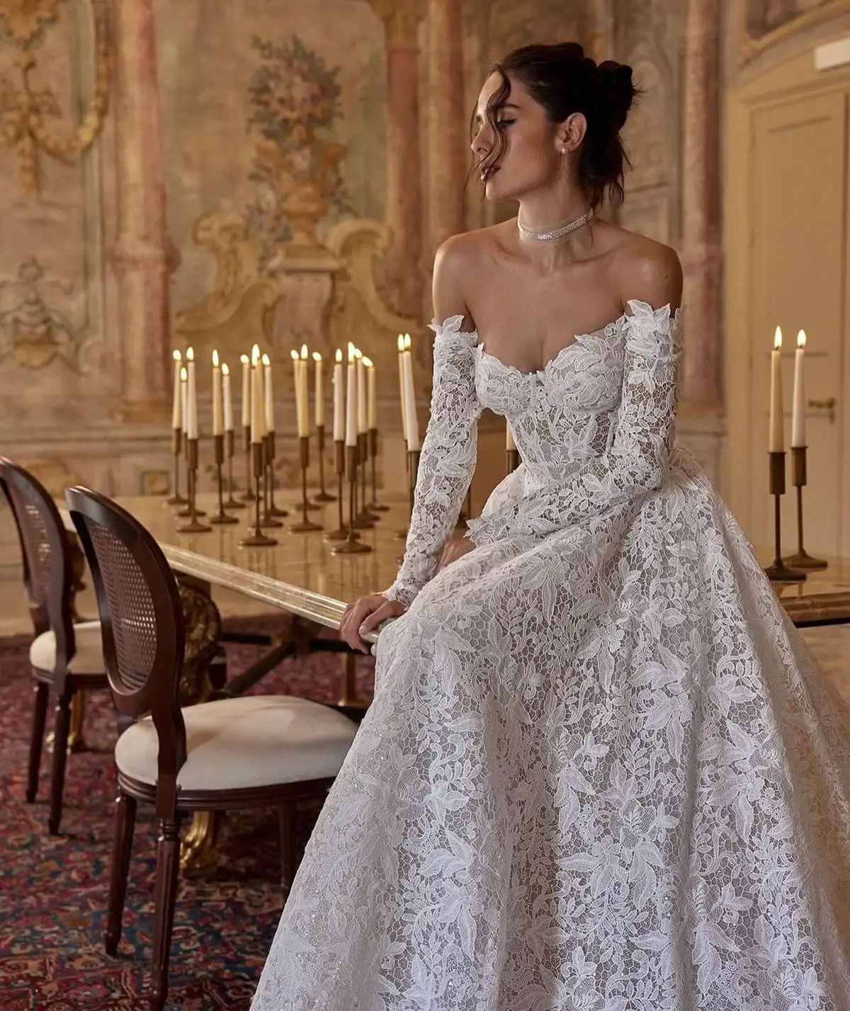 Gorgeous A Line Wedding Dresses Sweetheart Off Shoulder Lace Bridal Dress Long Sleeve Sweep Train  Bride Gown Chapel