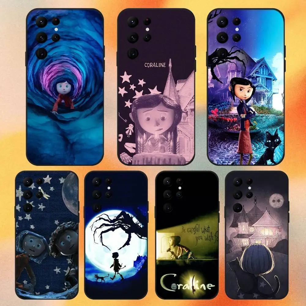 

Cartoon C-CoralineS Phone Case For Samsung S 25,24,23,22,30,21,10,9,Ultra,Plus,Lite,FE,4,5G Black Soft Case
