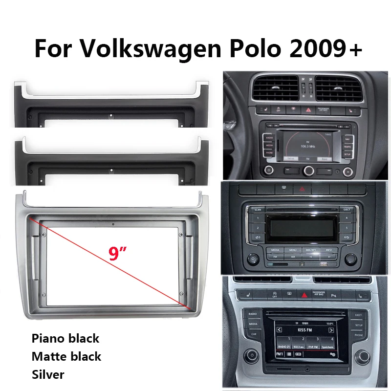 Salpicadero de Radio de coche, Panel de montaje estéreo con bisel, placa frontal, soporte de consola central, 9 pulgadas, 2 Din, para Volkswagen VW Polo 2009
