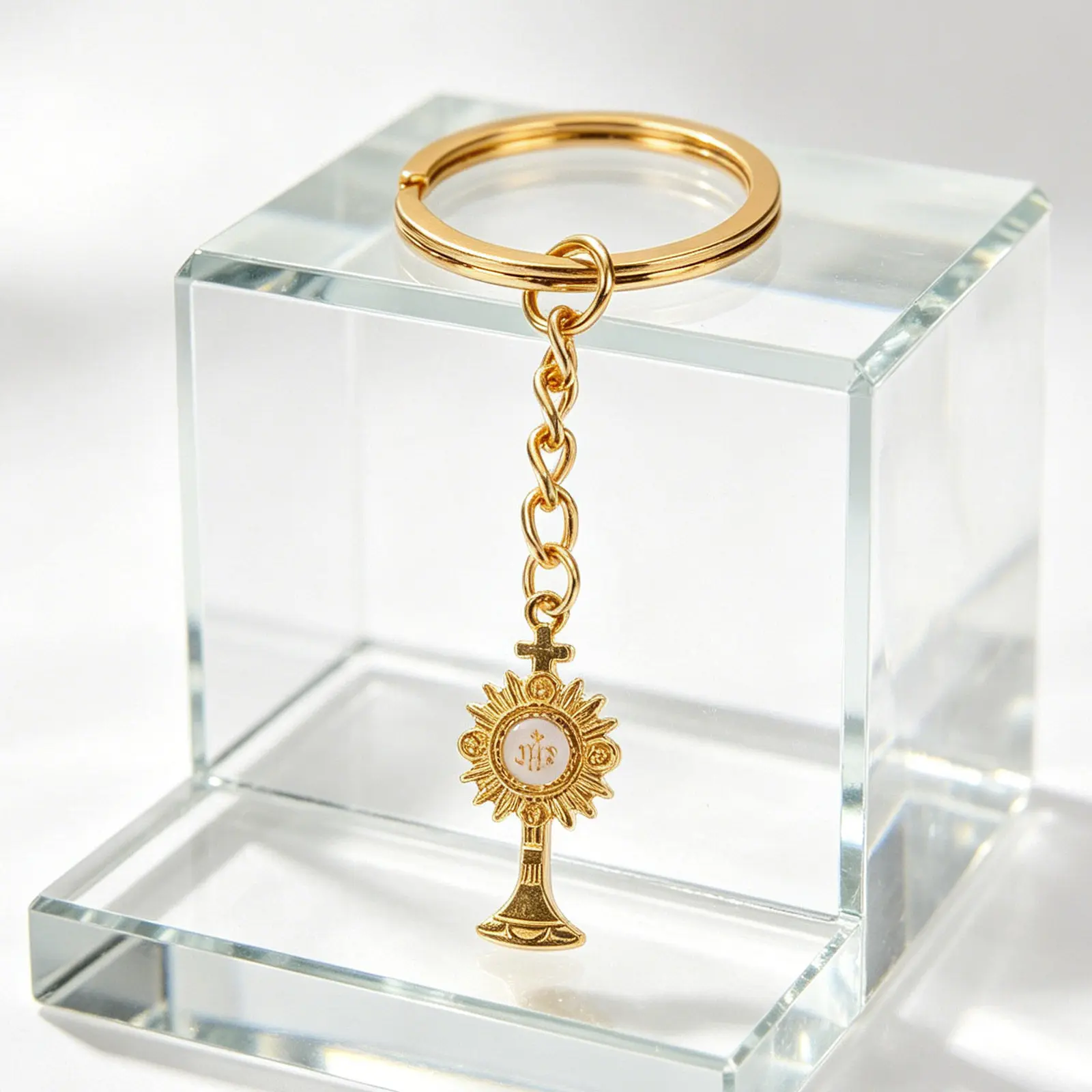 10Pcs Metal Catholic Keychain Monstrance Cross Religious Keepsake Baptism Party Souvenir First Communion Gift Religious Keychain