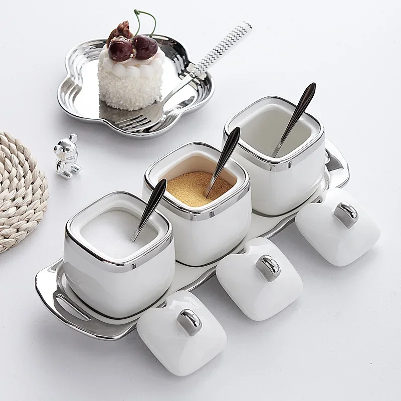 

Nordic Light Luxury Monosodium Glutamate Seasoning Box Ceramic Kitchen Supplies Household Pot with Lid Combination Set