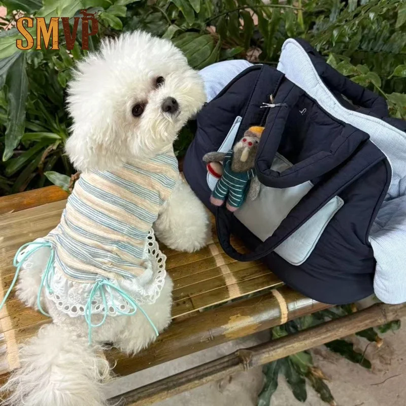 Pink Cute Striped Ruched Drawstring Pet Ballet Dress Hollow Lace Trim Breathable Summer Costume for Small Dogs Cats Pet Clothes