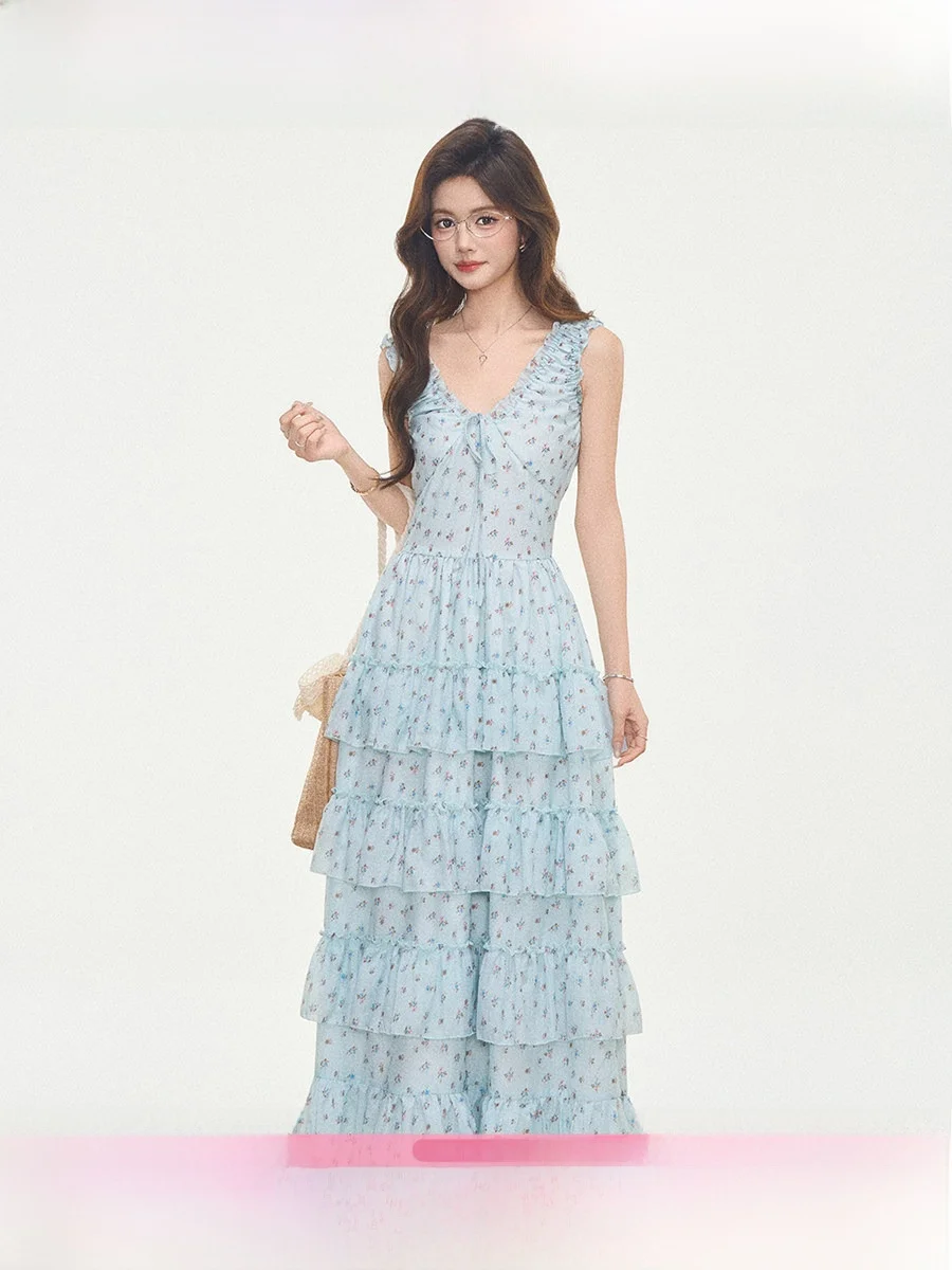 

Mint Green Floral Print Summer Dress Women's Miniature Strap Long Cake Skirt Style Casual Waist Shaping Polyester Fabric No S...