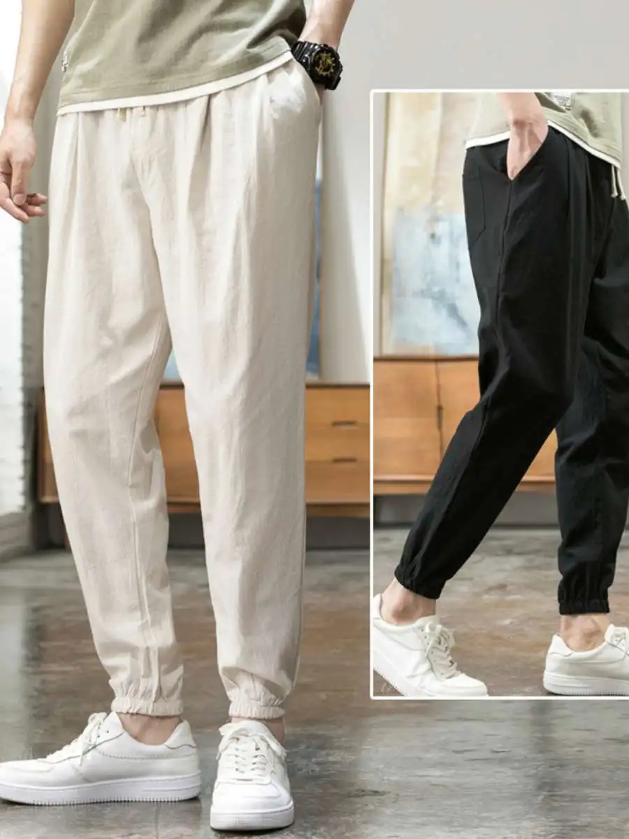 

Мужские свободные брюки из хлопка и льна, летние повседневные широкие брюки-карго, длинные брюки с утепленной флисовой подкладкой