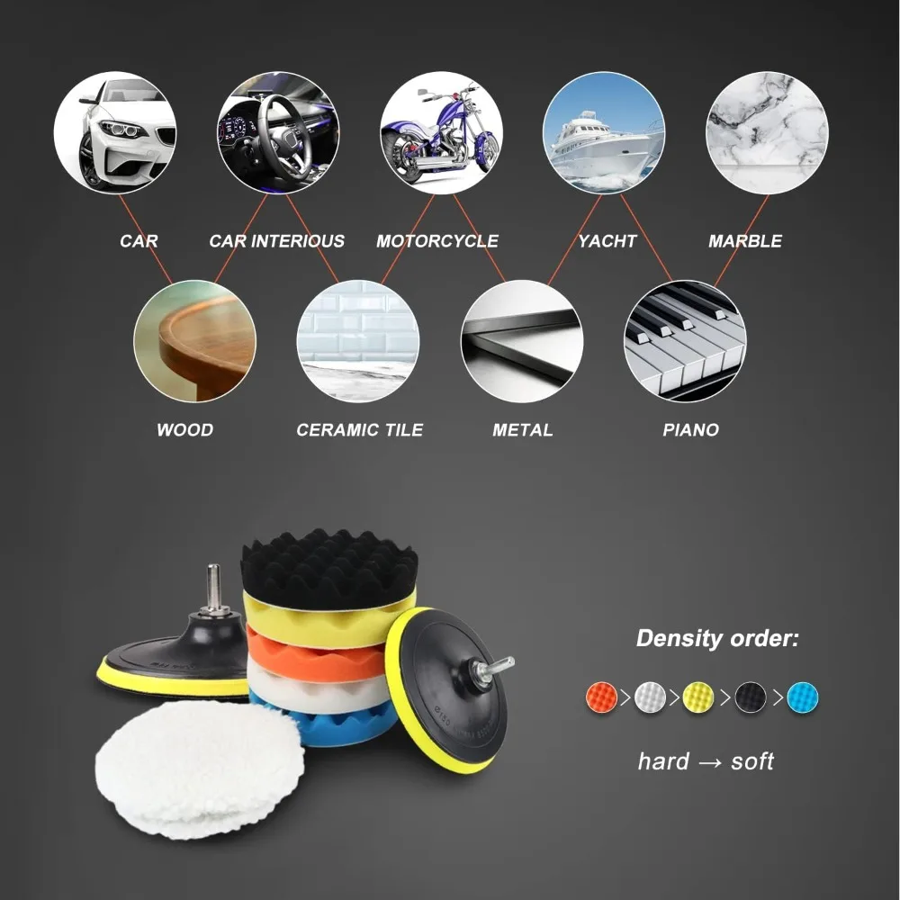 6 Inch Car Polishing & Buffing Sponge Pads Kit Wool Bonnet Pads for Household Electric Drill and Auto Polisher with 8mm M14 Drill Adapter for Washing Cleaning Waxing Dusting, 11PCS view 5