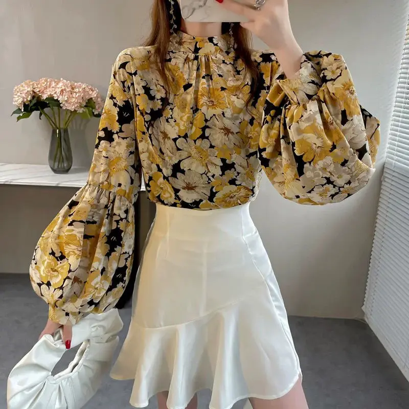 Korean All-match Women\'s Floral Printed Lantern Sleeve Blouse Spring Autumn Female Clothing Loose Fashion Stand Collar Shirt