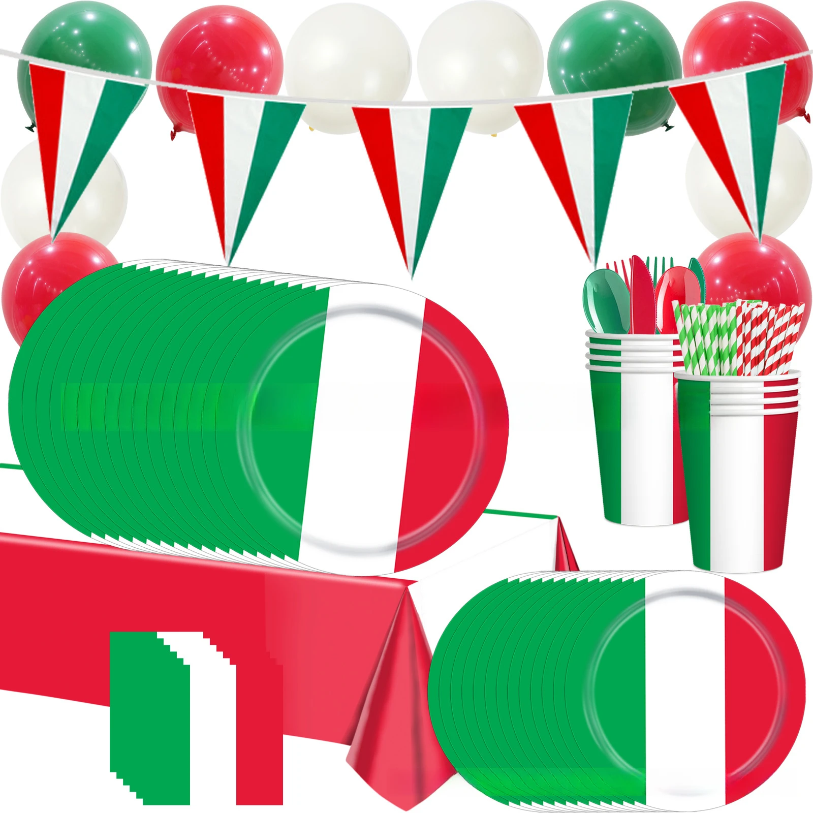 Ensemble de vaisselle sur le thème du drapeau italien, décoration de fête d'anniversaire, assiettes de table jetables, fournitures de nappes, 10/110 pièces