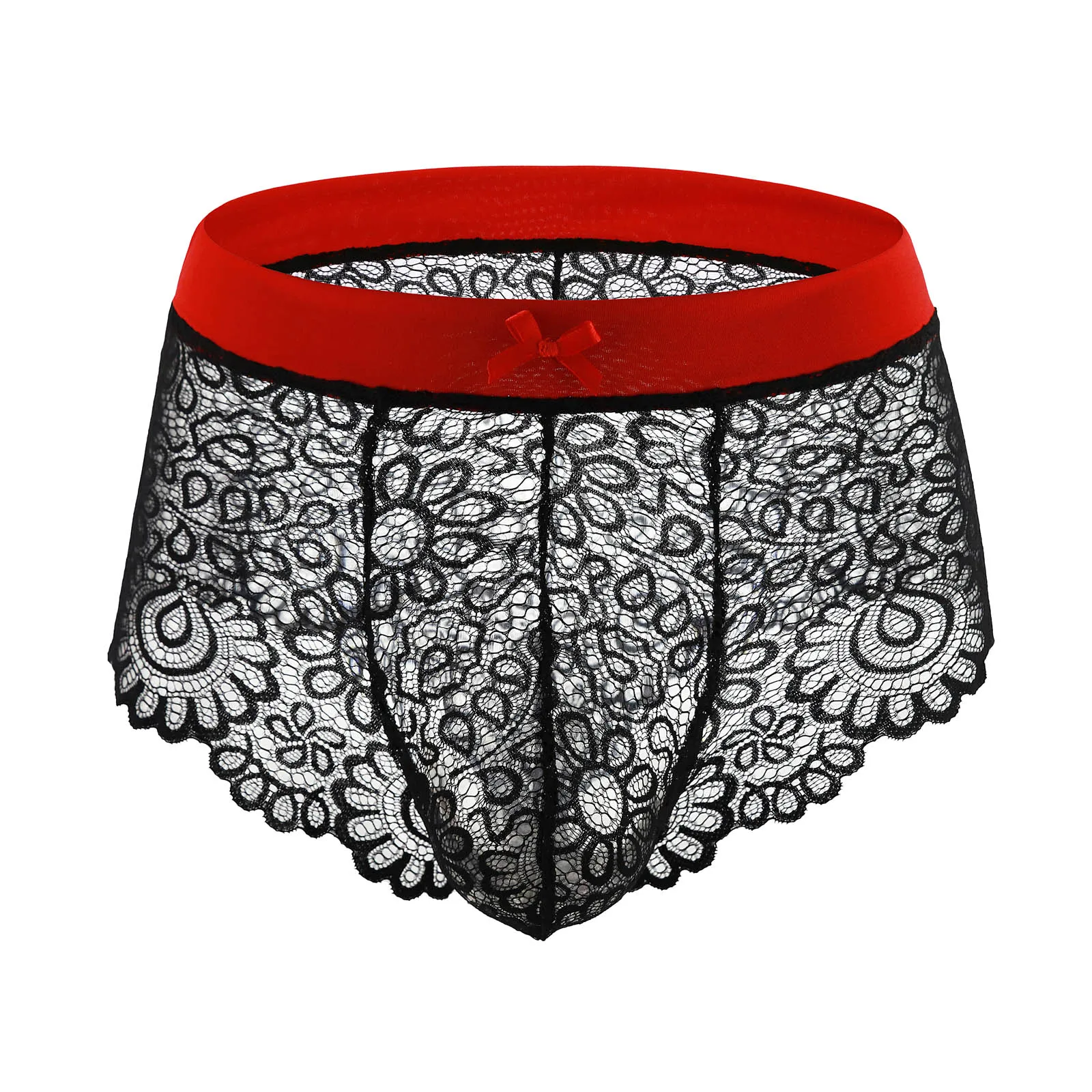 CLEVER-MENMODE Lace Mesh Sexy Underwear Men Boxers Shorts Crossdress Lingerie Bow Sissy Erotic Panties Transparent Underpants