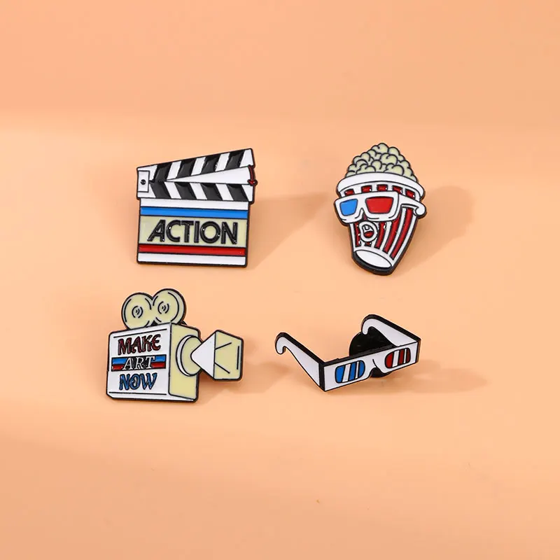 4Pcs/Set Statement Cinema Theme Collection Pins Projector Popcorn 3D Glasses Clapperboard Shaped Enamel Brooches Freeshipping