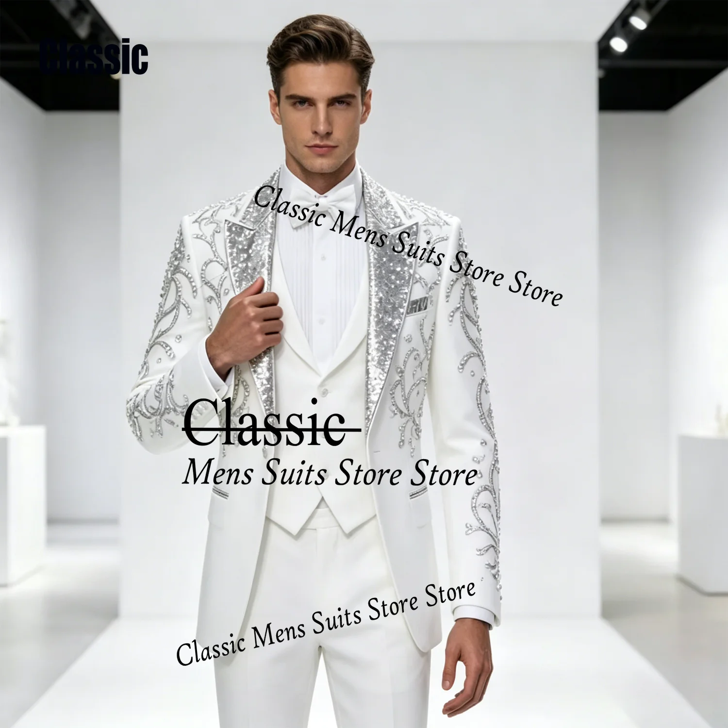 

Customized Fashion Crystal Men suit Luxury Rhinestone For Prom Groom Male Evening Party Sparkly Blazer 3 Pieces Set Tuxedos Slim
