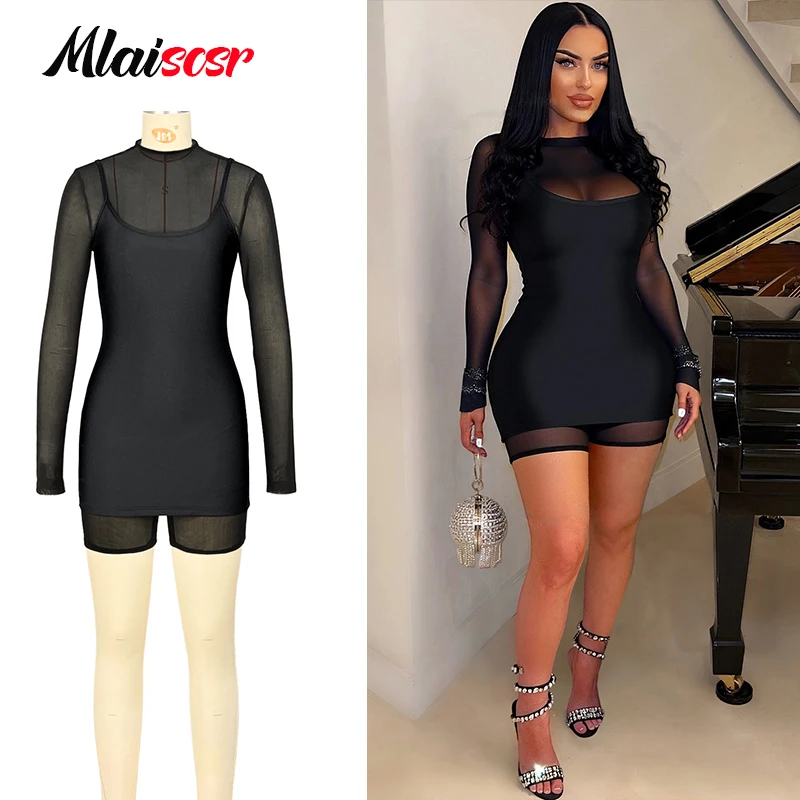 

Mlaiscsr сексуальные сетчатые узкие комбинезоны с длинными рукавами и платьем на тонких бретельках, женские осенне-зимние комбинезоны, короткие комбинезоны