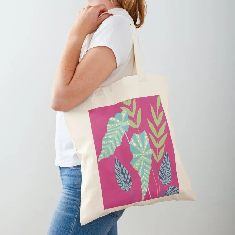 

Vibrant Tropical Leaf Art on Pink Tote Bag reusable shopping bags Lady bags Big bag