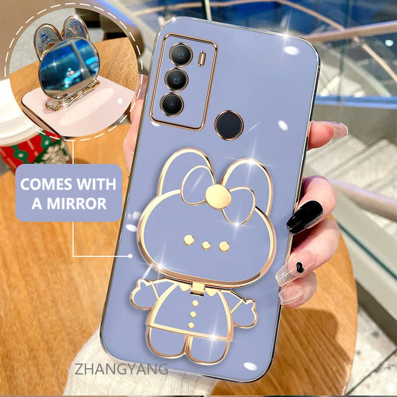 Case For Moto G60 G40F Electroplated straight edge silicone phone case cute 3D rabbit with built-in mirror for anti drop image 4