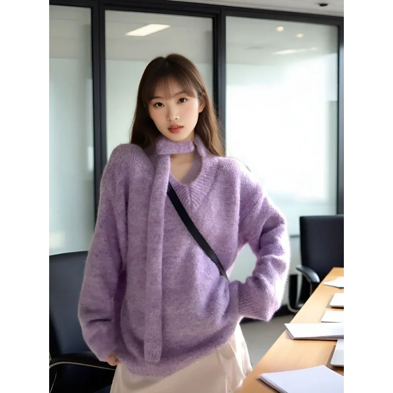 

2025 New Autumn Winter Soft Purple Neck Scarf V-neck Pullover Long-sleeved Sweater