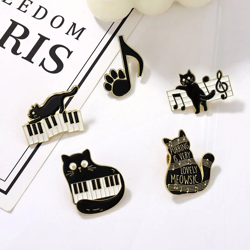 Musical Note Pines Lapel Badges Animal Music Jewelry Gift for Kids Friends Cat Pace Enamel  Brooch Custom Piano Keys Kitten