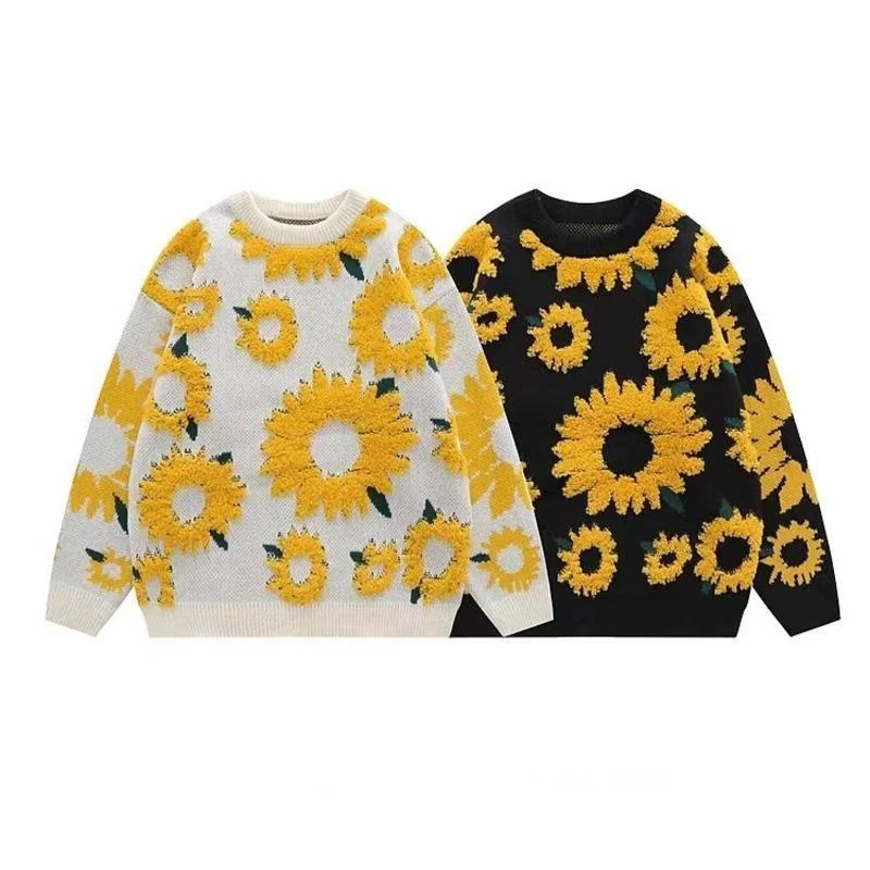 Fashion Brand Autumn Winter Retro Flocking Sunflower Sweater Men Women O-Neck Pullover Oversize Knitted Top Casual Streetwear