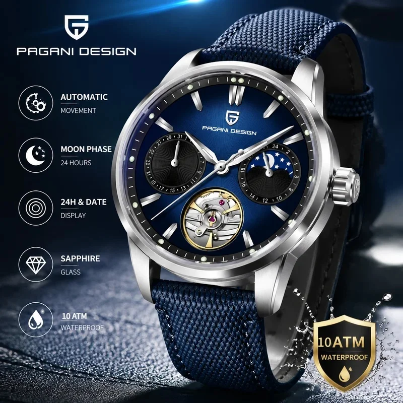 PAGANI DESIGN PD‑YS021 Men Automatic Mechanical Watch Hollow Luminous 100M Waterproof Business Casual Wrist Watch