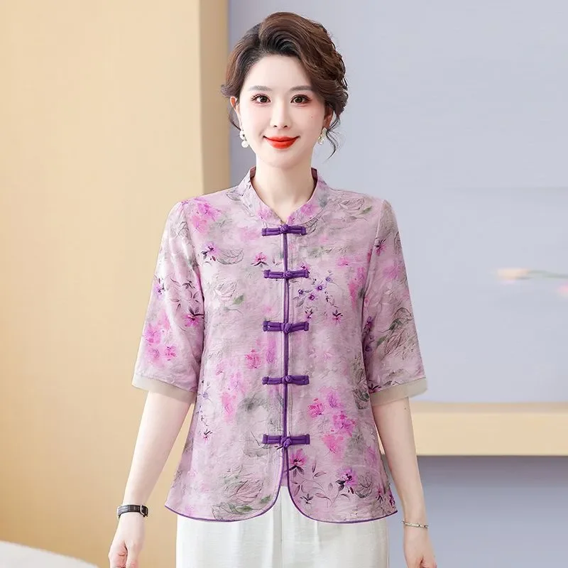 Women's Chinese Style Stand Collar Cheongsam Blouse Floral Print Half Sleeve Button Casual Elegant Top