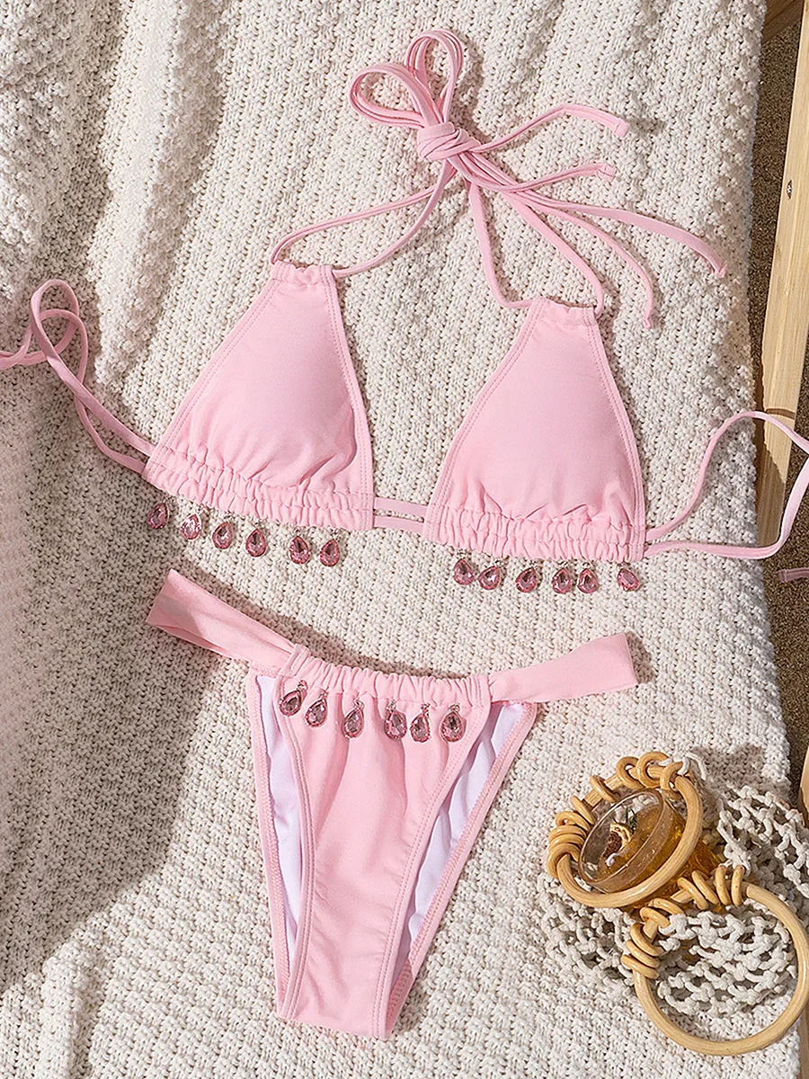 

2026 Роскошный женский купальник-бикини с халтером, стразами и бриллиантами, комплект из двух частей