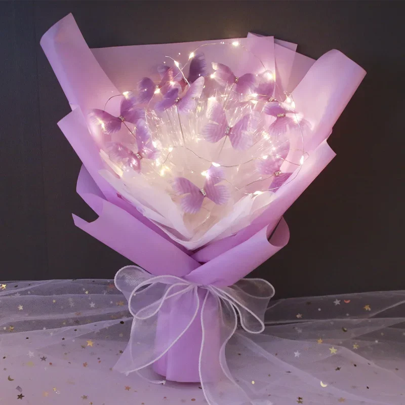 

3 Colors Butterfly Bouquets Material Set with Light String DIY Handmade Flower Package Wedding Party Birthday Decoration Gift