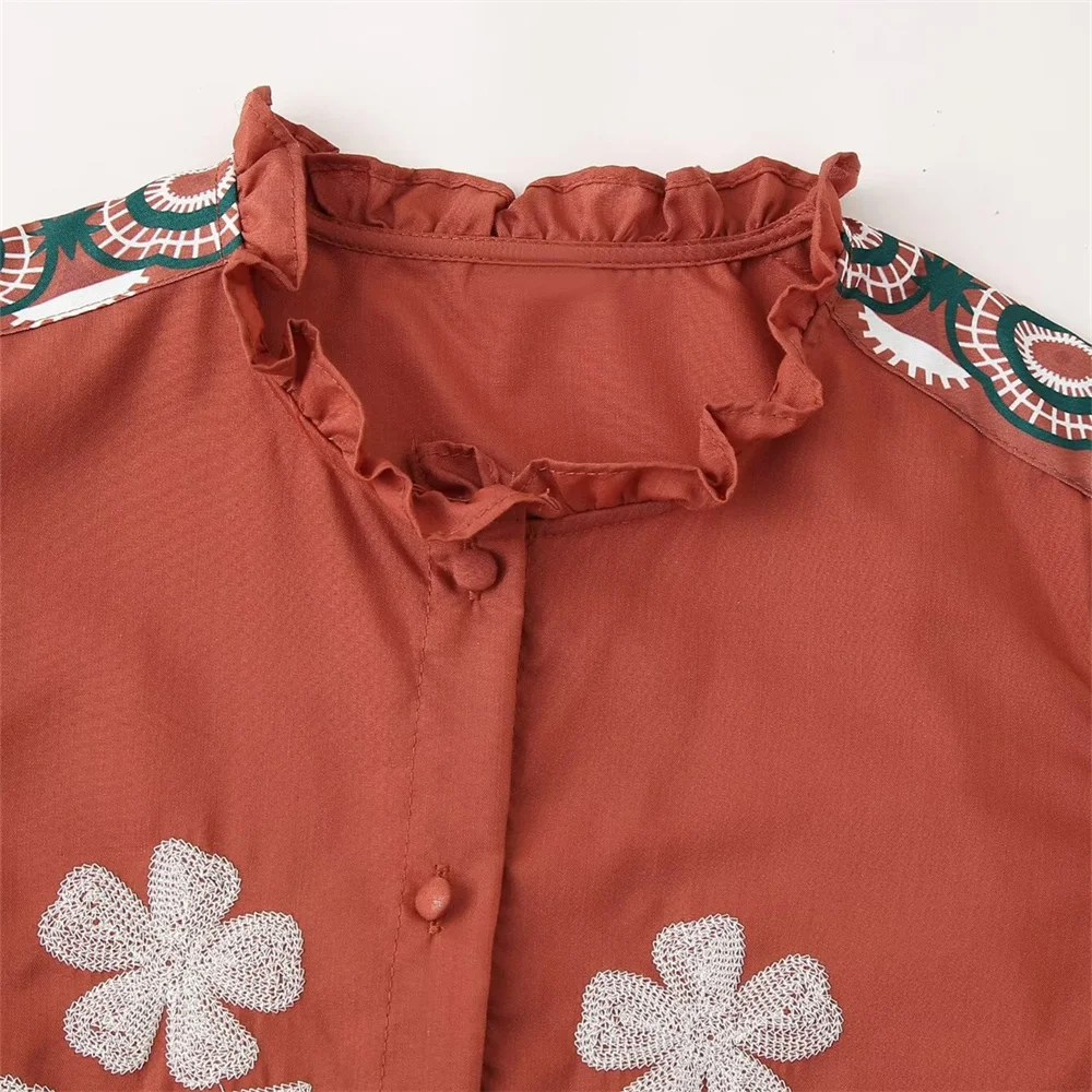 In the summer of 2024, new women\'s stand-up collar chic embroidered long-sleeved fashion slim shirt.