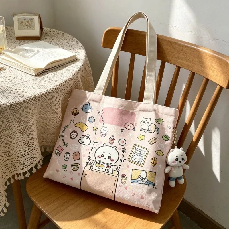 New Kawaii Chiikawa Open Top Canvas Tote Bag No Zipper with Inner Pocket Thick Wear Resistant Roomy Clear Pattern CommuteOutings