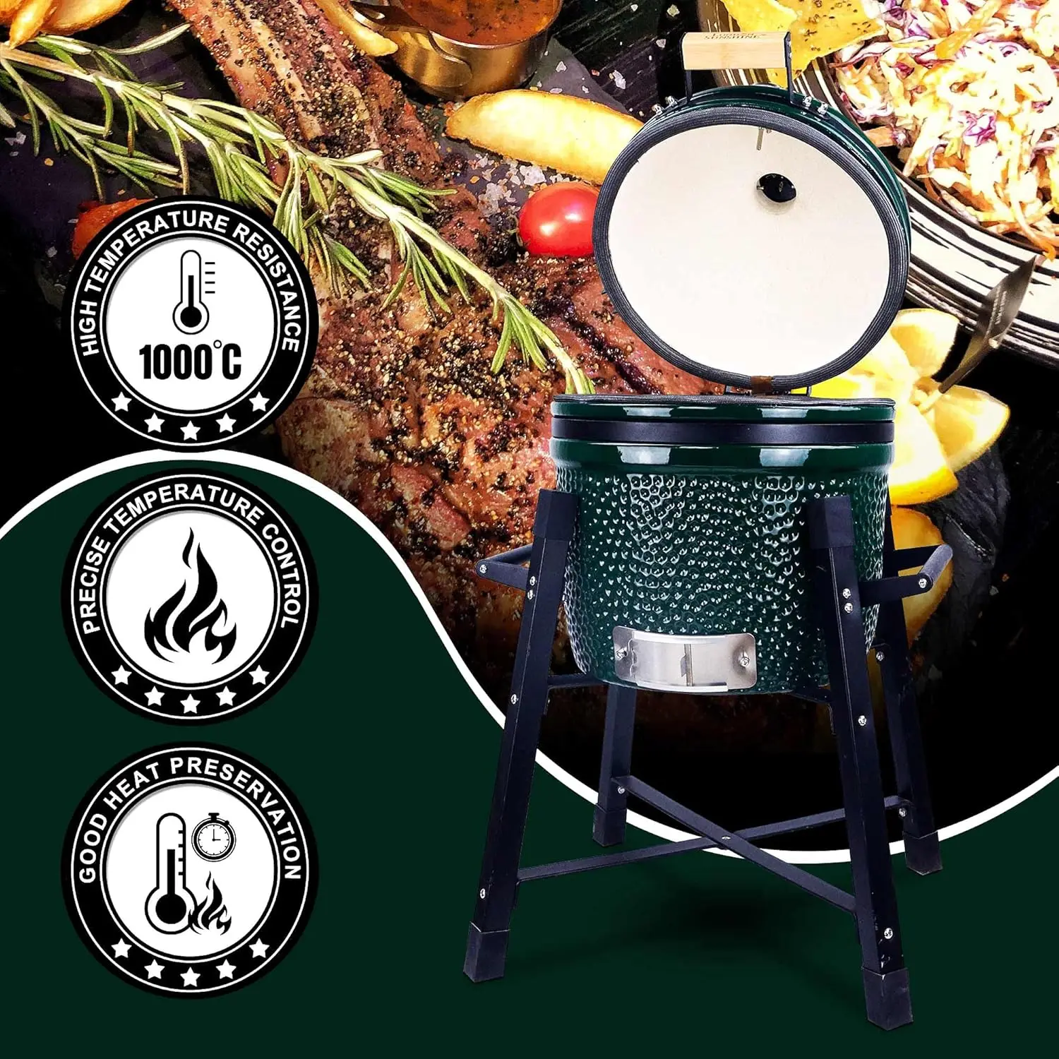 Griglia e affumicatore per barbecue a carbone Kamado in ceramica, griglie in acciaio inossidabile -15" in ceramica con supporto alto