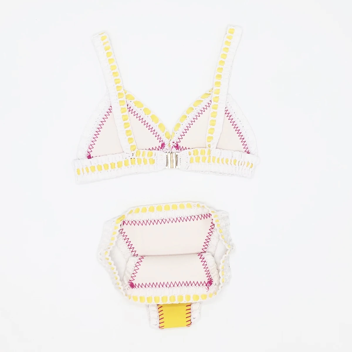 Women Sexy Swimsuit Blue Neoprene Crochet Elastic Bikini Sets Back Buckle Tankini Yellow Swimwear