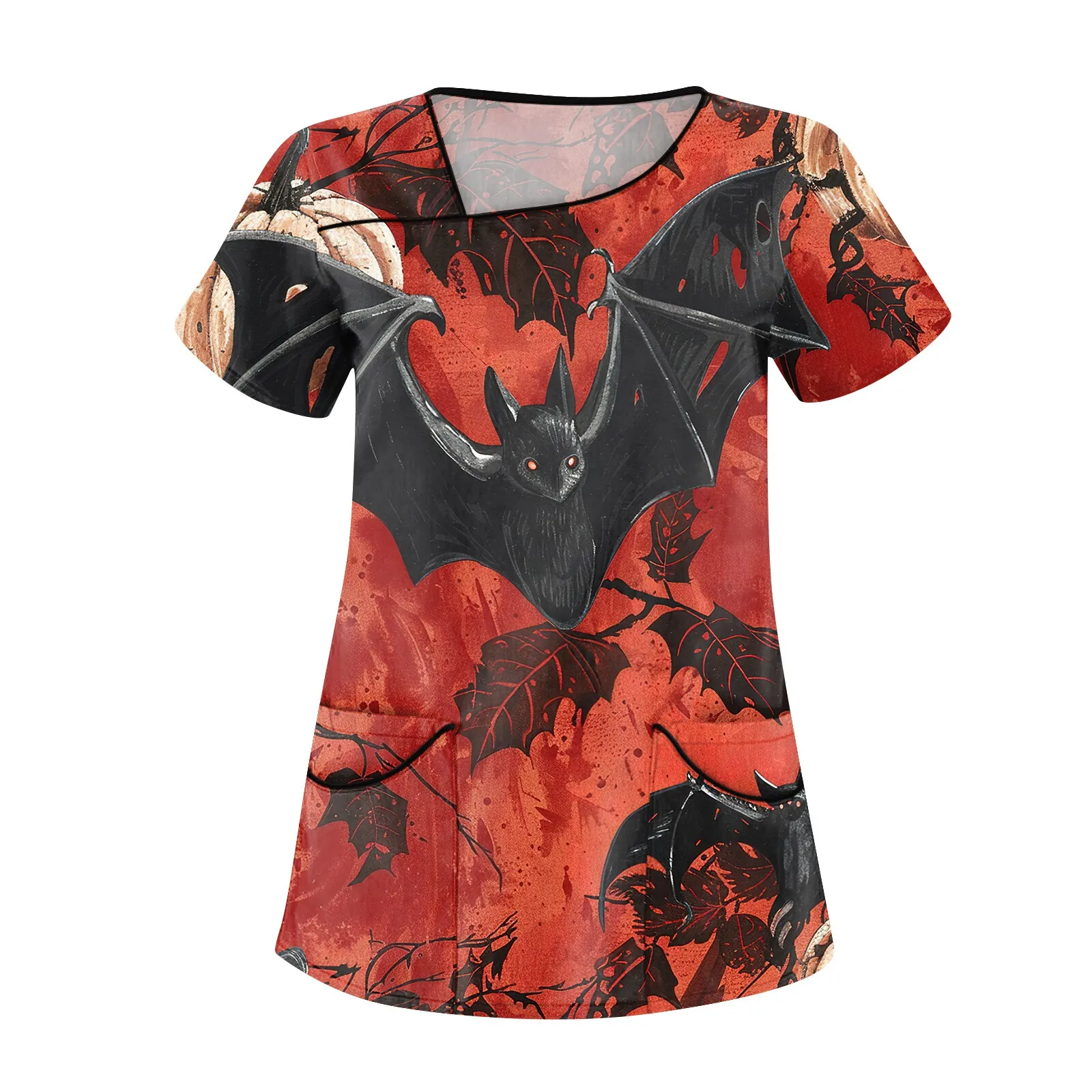 女性用ハロウィンプリントナースユニフォーム、半袖Tシャツ、Vネックスクラブ、ブラウストップ、ポケットケアワークウェア、医療チュニック