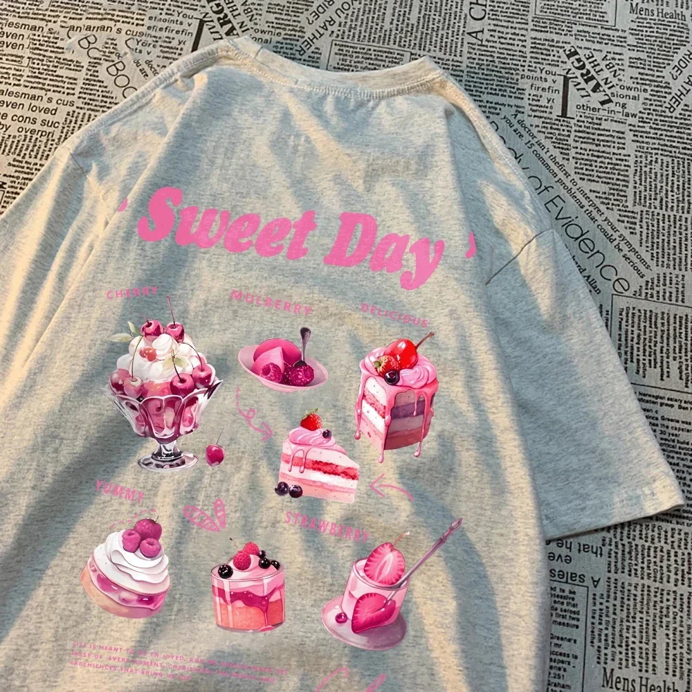 Sweet Day Pink Ice Cream Cake Printed Streetwear Soft Breathable Trend Female Clothes Cake Pattern Sweet Style Clothing