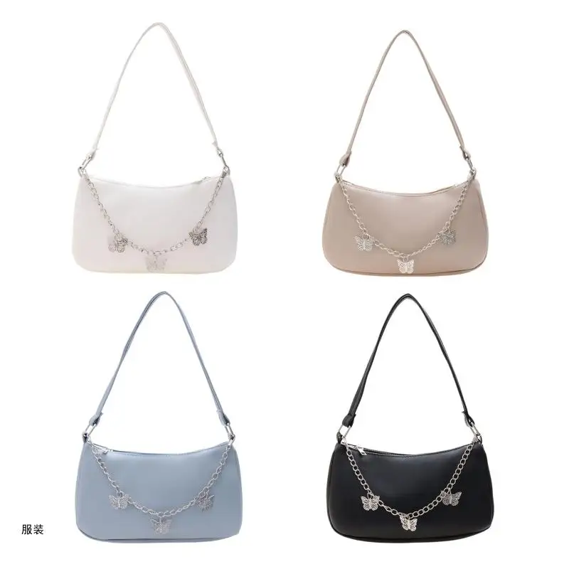 D0UD Women's Underarm Bag Solid Shoulder Bag with for Butterfly Chain Design All-matching Handbags Purse Fashion Leather Hobo